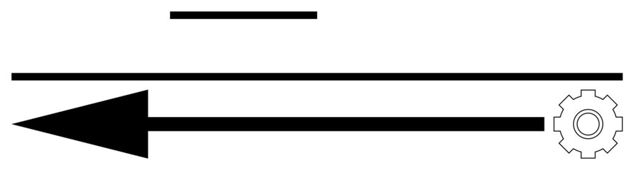 Fototapeta premium Black arrow pointing left with bold lines and a gear symbol on one edge. Minimalist elements suggest direction, workflow, systems, efficiency, decision-making, process optimization, teamwork. Ideal