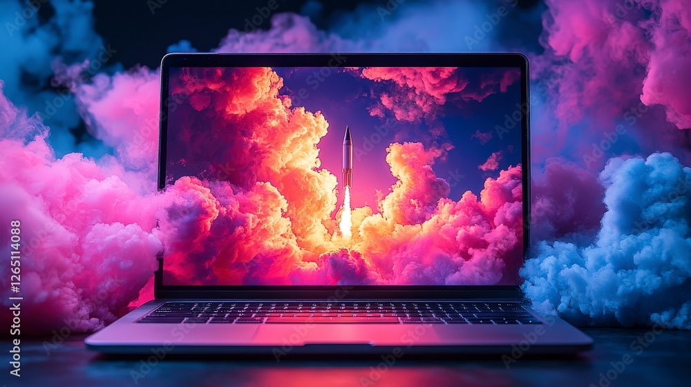 Poster an imaginative design of a rocket taking off from a laptop display, symbolizing the merging of techn