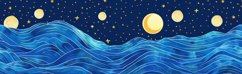 Seamless pattern sky style sleep night time illustration hand-drawn print painting brush stock cloudy river lake star sea art children dream fantasy cosmic