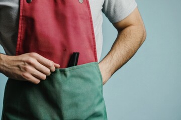 Close-up of a person wearing a two-toned apron with a tool in the pocket.