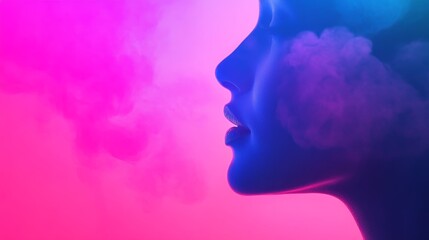 Obraz premium Profile of a woman exhaling vapor against a vibrant pink and blue background, creating a dreamy atmosphere