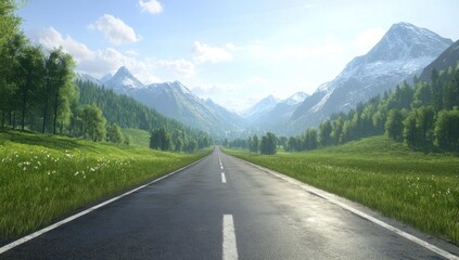 Fototapeta premium Scenic mountain road through lush green valley on a sunny day.