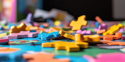 Fototapeta premium Assorted Colorful Wooden Puzzle Pieces on Puzzle Board