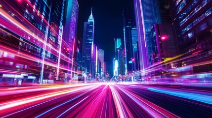 Obraz premium Vibrant cityscape at night showcasing illuminated skyscrapers and dynamic light trails