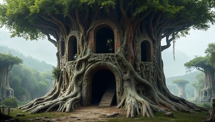 Naklejka premium Enchanting Tree House Fantasy Forest Landscape with Ancient Roots