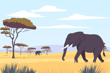 Elephants in Africa. Beautiful African landscape with elephants in the wild. Elephants safri. Travel on a wild safari. Vector panoramic natural landscape. © LoveSan