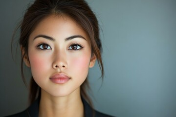Fototapeta premium Young woman with natural makeup poses confidently in front of a neutral background during a model photoshoot