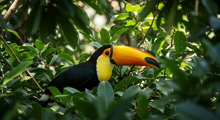 A toucan with a large colorful beak sitting among lush green leaves.