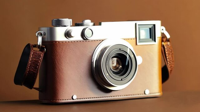 A vintage camera with a leather case placed against a brown background with soft lighting.