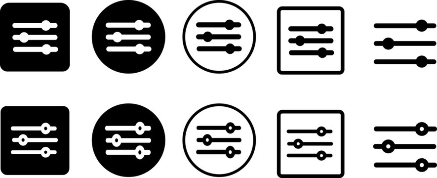 Adjustment Filter icon set for apps and website. Sound or music control pictogram. Custom filter ui button. Settings bar glyph icon for web template and app.