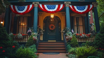 A historic landmark decorated for Independence Day, with American flags and red, white, and blue banners 