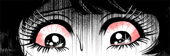 動揺して怯える少女の昭和ホラー漫画風ヘッダーイラスト