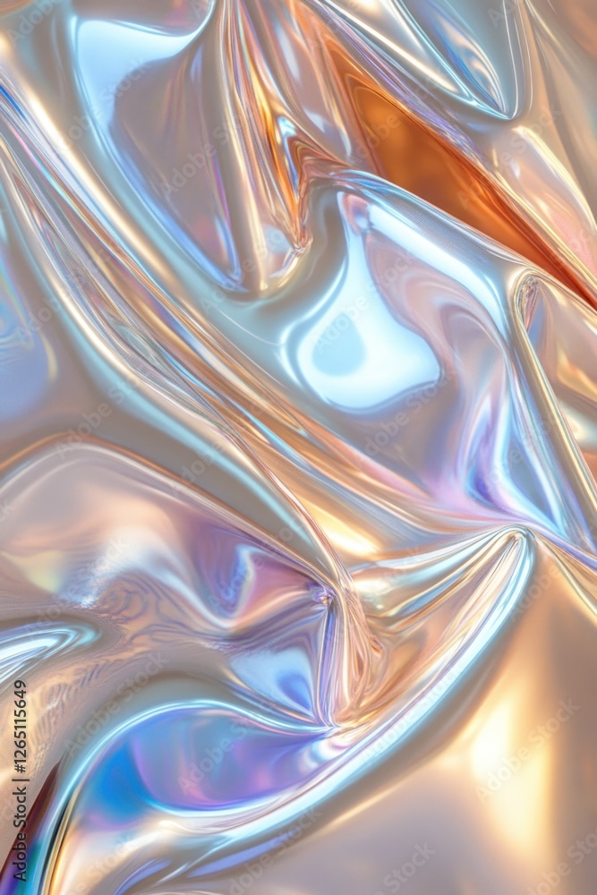 Poster abstract iridescent fabric texture with swirling, flowing patterns in pastel colors.