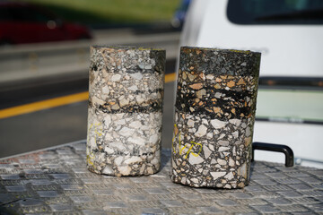 Cylindrical Core Sample Extracted from Asphalt Road for Paving Evaluation and Quality Control