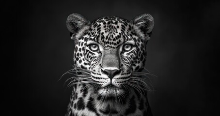 Obraz premium Studio black and white leopard portrait, dark background, wildlife photography