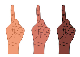 Fototapeta premium Number One Hand Finger Pointing Up. Outline drawing of hands with different skin colors. Vector Illustration isolated on transparent background.