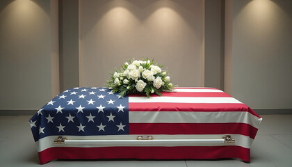 Coffin draped in American flag with white roses on top