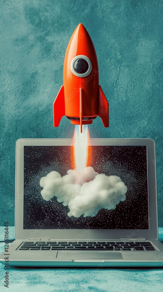 Poster this creative image showcases a rocket igniting from a laptop display surrounded by dynamic clouds, 