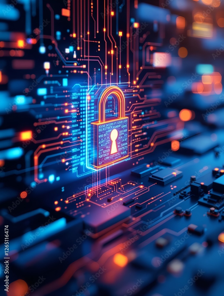 Poster guarding data: secure connection and cybersecurity on a digital motherboard