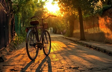 Obraz premium Vintage bicycle parked on a sunlit cobblestone street, surrounded by trees and buildings at sunset.