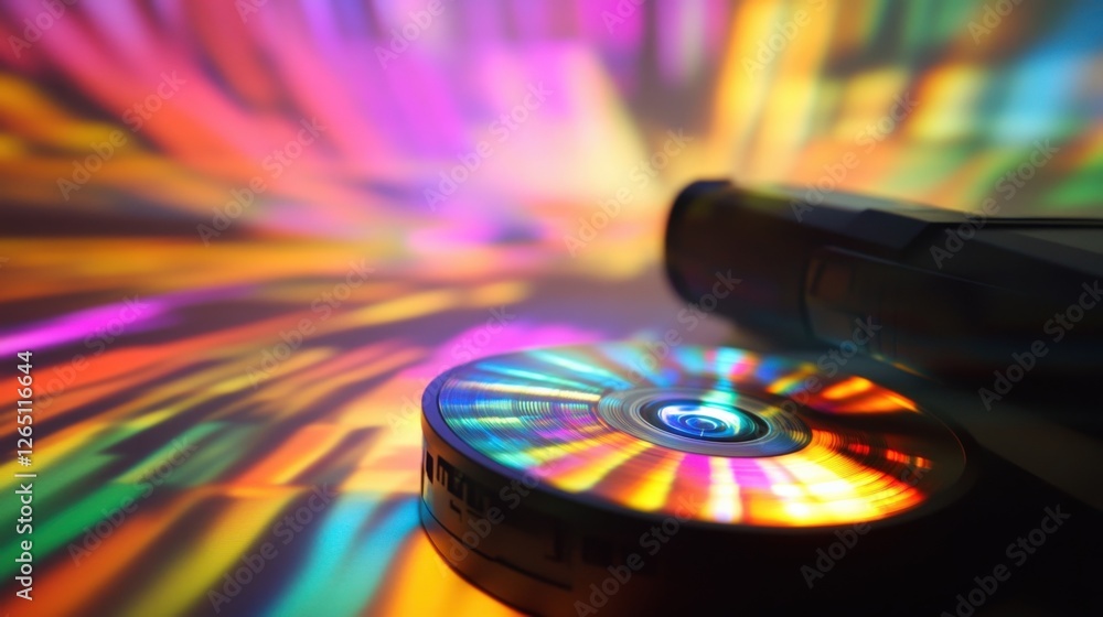 Poster portable mini projector is projecting colorful light on dvd creating a vibrant and dynamic visual ef
