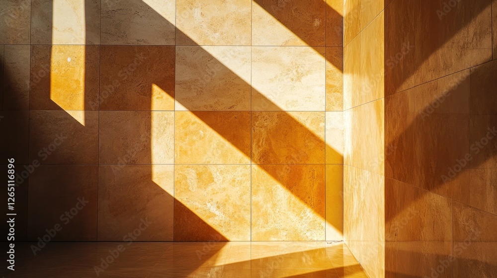 Poster sunlight streams through windows onto a tiled wall, creating dramatic shadows and light patterns.