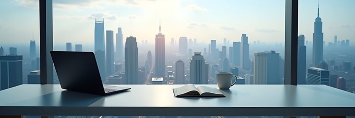 Naklejka premium Modern Office with City Skyline View ,Sleek Workspace & Business Atmosphere
