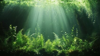 Sunbeams penetrate a lush, underwater forest of ferns and aquatic plants.