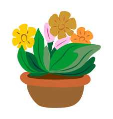 House plant blooming vector illustration. Cartoon Exotic potted plant with flowers and leaves. Botanical interior design element Isolated on transparent background.