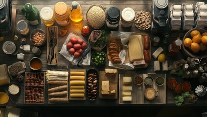Overhead view of a rustic wooden table laden with an assortment of food items including cheese, fruits, vegetables, grains, and sweets.