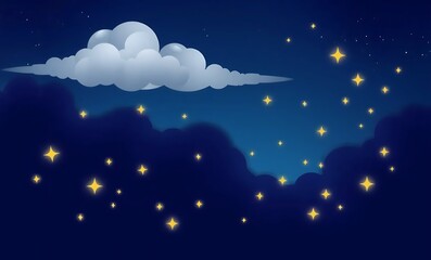 Naklejka premium A deep navy-blue background with white fluffy clouds and golden stars, evoking a peaceful nighttime dreamscape in a soft vector illustration