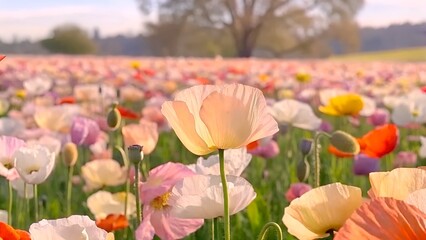 Obraz premium Flower backgrounds. A stunning field of multicolored poppies bathed in soft golden sunlight. A peaceful and picturesque springtime landscape.
