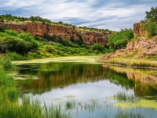 Fototapeta premium Serenity along the tranquil river in the lush canyon during a cloudy afternoon