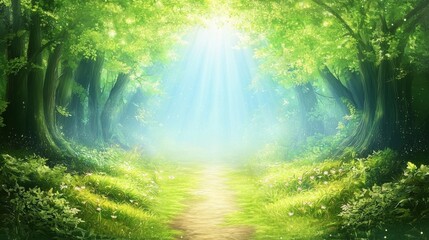 Obraz premium Serene Pathway Through Lush Green Forest with Sunlight Filtering Through Canopy and Illuminating Soft Ground