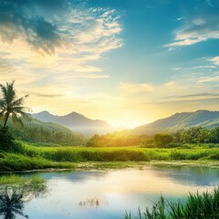 Obraz premium Majestic sunrise over tranquil lake with lush green landscape and distant mountains