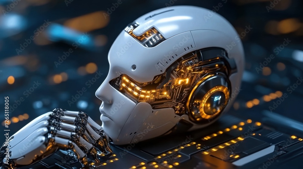 Poster futuristic robot head with intricate circuit design and led illuminations on dark background