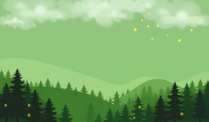 Fototapeta premium An earthy green gradient background with white misty clouds and soft golden stars, creating a magical forest night ambiance in a dreamy vector design.