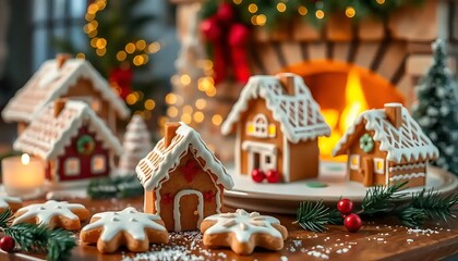 Intricate gingerbread houses are arranged artfully creating a festive scene