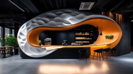 Fototapeta premium Modern coffee shop interior design with unique curved bar counter and elegant lighting in urban setting