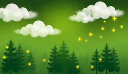 Obraz premium An earthy green gradient background with white misty clouds and soft golden stars, creating a magical forest night ambiance in a dreamy vector design.