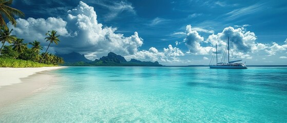 Obraz premium Idyllic tropical beach with yacht, palm trees, clear turquoise water, and mountains under a sunny sky.