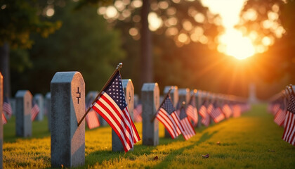 American flags at sunset in a cemetery