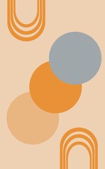Flat vector graphic of overlapping circles and rainbow arches in a mid-century modern style. The color palette is muted and neutral, with shades of beige, orange, gray, and blue. The overall effect is