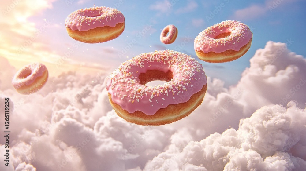 Poster In a whimsical sky, doughnuts with pink frosting and sprinkles float gracefully among billowing clouds, illuminated by soft sunlight, creating a surreal and joyful atmosphere