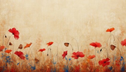Naklejka premium Ein stilvolles Aquarell mit roten Mohnblumen auf beigem Hintergrund. Perfekter Textfreiraum für Designs. Generative KI.