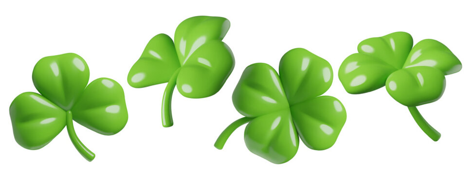 Three and four leaved 3d clovers collection. Green shamrock render - Saint Patrick's Day decoration and symbol of luck. Vector illustrations set isolated on white background.