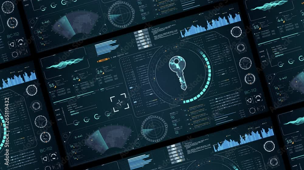 Poster motion graphic of blue digital security key with head up display (hud ui) and circuit panel futurist