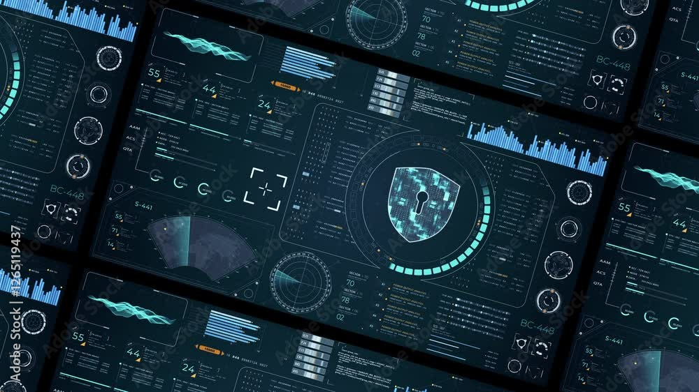 Poster motion graphic of blue digital security shield with head up display (hud ui) and circuit panel futur