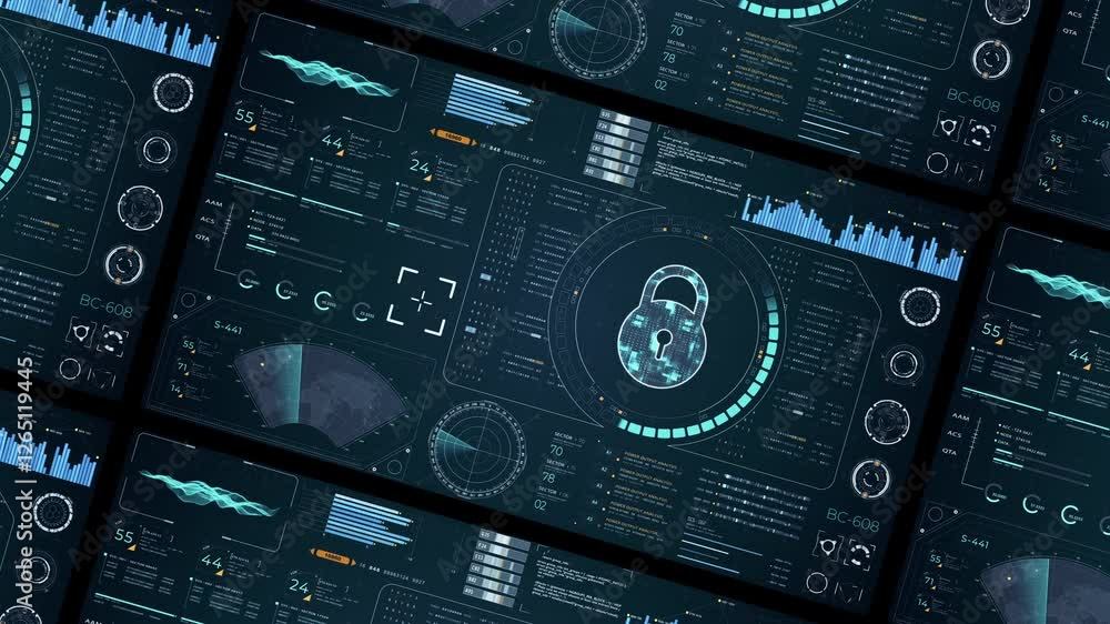 Poster motion graphic of blue digital security key with head up display (hud ui) and circuit panel futurist