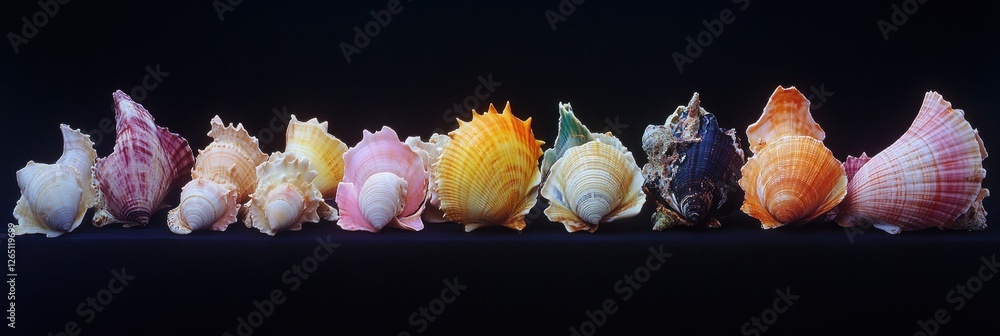 Poster collection of colorful seashells arranged in a row against a black background.